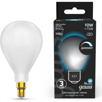 Лампа GAUSS BLACK FILAMENT А160 10W 890LM 4100К Е27 MILKY диммируемая LED 1/6 Лампа GAUSS BLACK FILAMENT А160 10W 890LM 4100К Е27 MILKY диммируемая LED 1/6