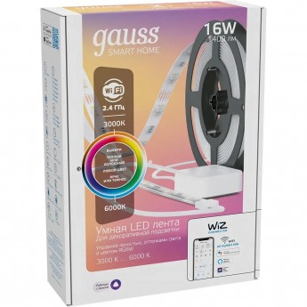 Лента GAUSS SMART HOME 16W 1400lm 3000-6000К 100-240V IP20 5м RGBW+изм.цвет.темп.+дим/ LED Лента GAUSS SMART HOME 16W 1400lm 3000-6000К 100-240V IP20 5м RGBW+изм.цвет.темп.+дим/ LED